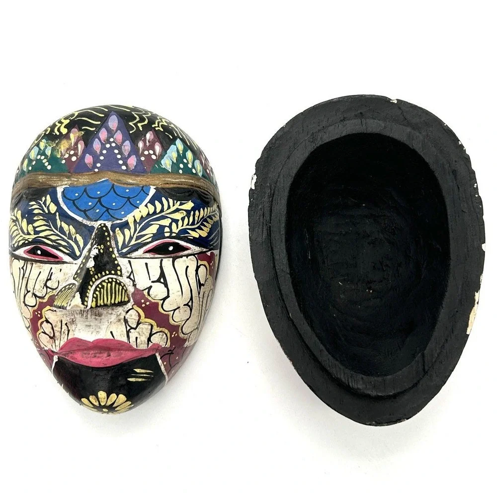 Vintage Javanese Topeng Hand Painted Wood Mask Box Indonesian Art 6